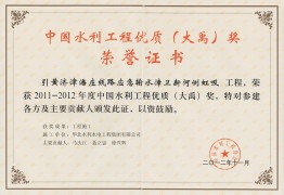 中國(guó)水利工程優(yōu)質(zhì)（大禹）獎(jiǎng)榮譽(yù)證書(shū)