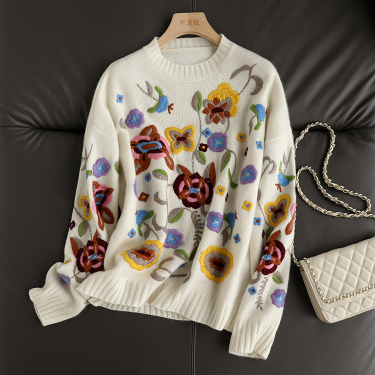 植絨刺繡~美如工藝品~植絨刺繡長(zhǎng)袖毛衣女秋冬21新款